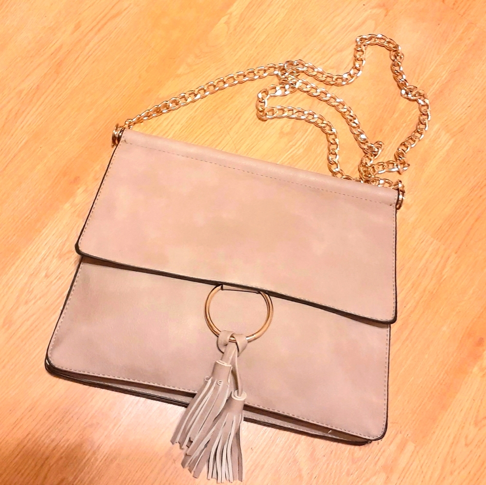 Beige Crossbody Satchel With Gold O Ring & Chain